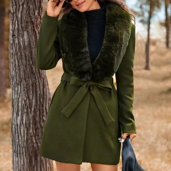 Glamorous Olive Green Faux fur collar Belted Overcoat Jacket Coat - Picture 4 of 6